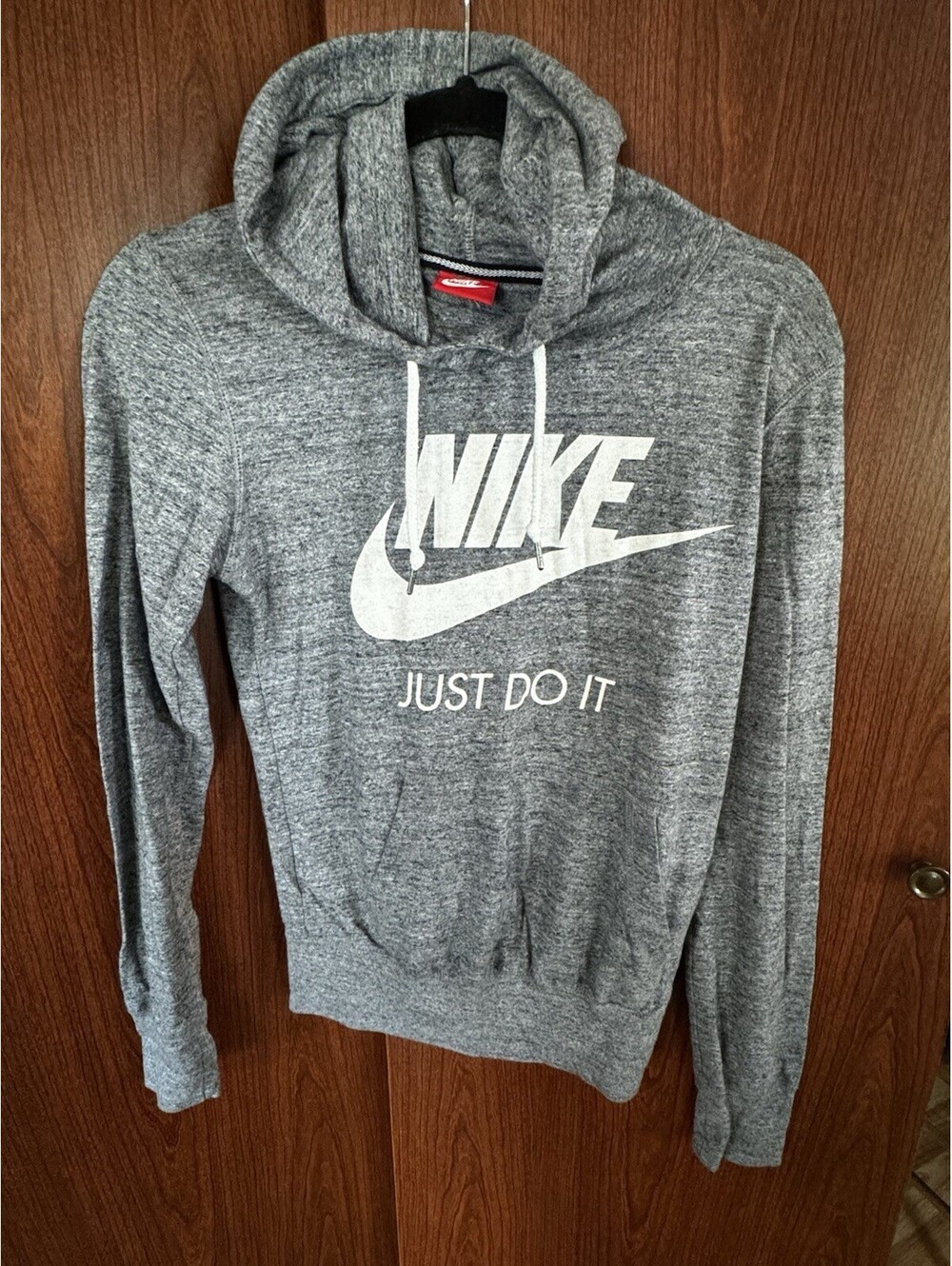 Nike Womens S “Gym Vintage” Hoodie Carbon Heather Just Do It Swoosh 823701-091